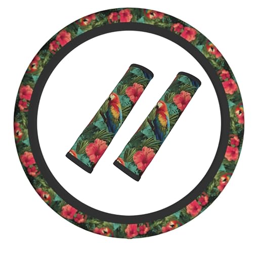 Tropical Floral Steering Wheel Cover Elastic Non-Slip Car Steering Wheel Covers with Seat Belt Shoulder Pad for Women Men - color: Tropical Floral