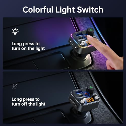 Syncwire Bluetooth 5.4 FM Transmitter Car Adapter 42W [Light Switch] [Stronger Dual-mic] [HiFi Bass Sound] [Fast Charging] Wireless FM Radio Stereo Music Adapter Hands-Free Calling Support USB Drive - color: Black