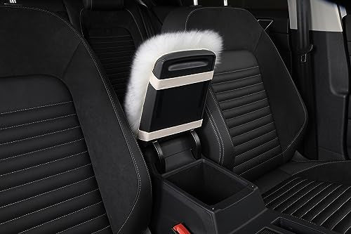 Genuine Sheepskin Center Console Cover Pad Genuine Furry Fluffy Wool Fur Car Armrest Cover Protector Universal Fit for SUV/Truck/Car - color: Long Wool-Pure White