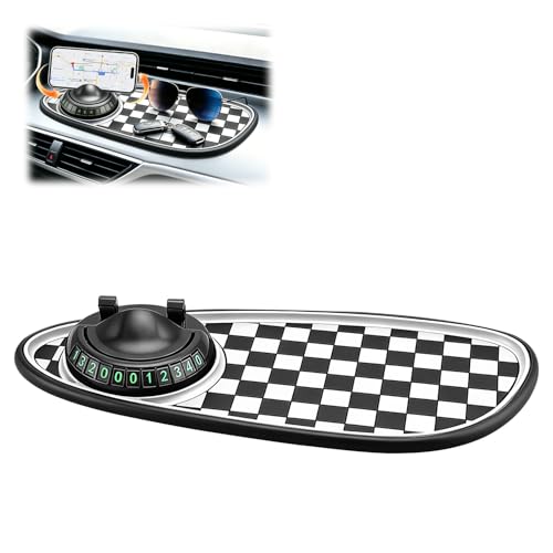Multifunctional Car Anti-Slip Mat, 360° Rotatable Car Anti Slip Mat Phone Holder, Universal Dashboard Pad with Temporary Parking Number, Dashboard Accessories for Sunglass Chapstick (Black White) - color: Black-White