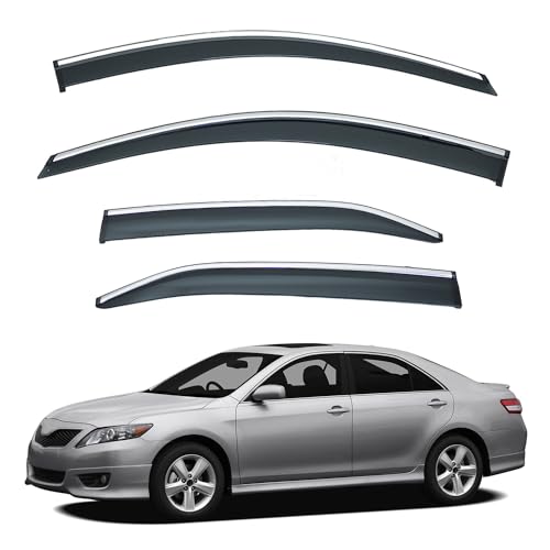 4pcs Window Rain Guard Compatible with 2007-2011 Camry Smoke Tint with Chrome Trim Outside Mount Tape On/Clip On Style PVC Sun Vent Window Visors - size: For 2007-2011 Toyota Camry