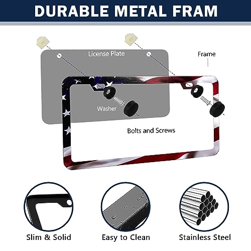 LIN KANG Patriotic American Flag License Plate Frame Holder - 2 Pack Universal Aluminum Matte Stripe US Flag Gloss Car Plate Frame Covers with 2 Holes and Screws Fasteners Caps - color: Matte American flag Narrow side F