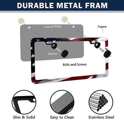 LIN KANG Patriotic American Flag License Plate Frame Holder - 2 Pack Universal Aluminum Matte Stripe US Flag Gloss Car Plate Frame Covers with 2 Holes and Screws Fasteners Caps - color: Matte American flag Narrow side F