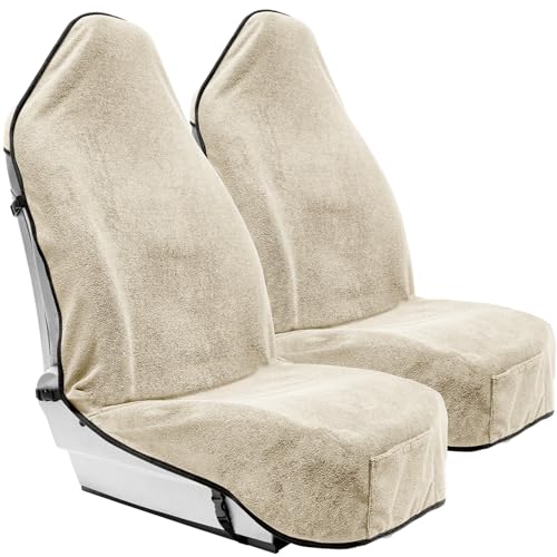 Season Guard Terry Cloth Sweat Towel Seat Cover; Carseat Towel Protector; Great for Gym Workout; Waterproof; Universal Fit for Car SUV Van Truck; EZ fit; Non Slip Grip; Machine Washable; 2pc Tan - color: 2pcs Front Tan