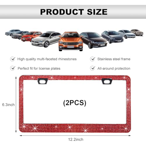 DXNQ 2PCS Bling License Plate Frame, Sparkly Rhinestone Diamond License Plate Cover with Crystal Screws Caps, Glitter Crystal Stainless Steel License Plate Holder for Women (Red) - color: Red, 2PCS