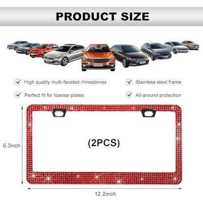 DXNQ 2PCS Bling License Plate Frame, Sparkly Rhinestone Diamond License Plate Cover with Crystal Screws Caps, Glitter Crystal Stainless Steel License Plate Holder for Women (Red) - color: Red, 2PCS