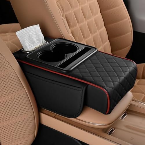 Car Armrest Cushion,5-in-1 Center Console Cover with 2 Storage Bags Cup Holder, Tissue Box Slot, Phone Slot for Sedans, Car Accessories Interior Organizers (Black red) - color: Black red