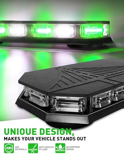 HLauto 406D Rooftop Emergency Strobe Lights Bar, 102 LED Green White Mini Beacon Safety Flashing Warning Traffic Lights Bar w/Magnetic Base for 12-24V Trucks, Construction Vehicles, Snowplow, Cars - color: Green/White