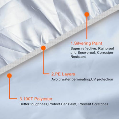 uxcell YL Silver Tone 190T Car Cover Outdoor Weather Waterproof Scratch Rain Snow Heat Resistant W Mirror Pocket 480 x 185 x 170cm - size: YL