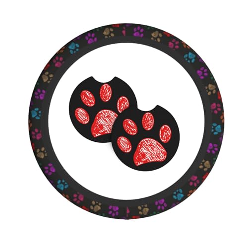 Paw Prints Steering Wheel Cover with 2 Car Coasters Non Slip Neoprene for Women Men Universal 15 Inch - color: Paw Prints