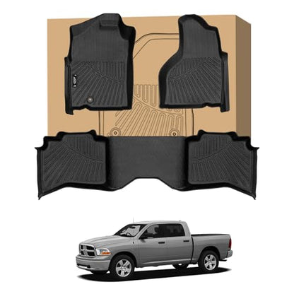 PELEUS Car Floor Mats Compatible with Dodge Ram 1500 2002-2008 Crew Cab (Quad Cab), Custom Fit for Ram 2500/3500 2003-2009, Thicker Heavy Duty TPE All-Weather Floor Liners, Front & Rear 3PC Black - style: For Dodge Ram 1500 2002-2008