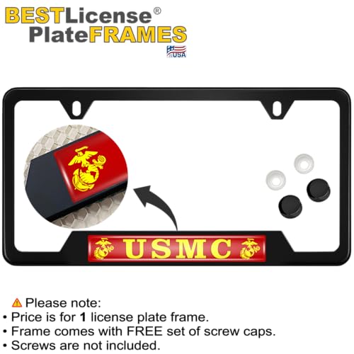 [Officially Licensed Product] - Stainless Steel Matte Black CAR 2-Hole Standard Size - Domed Custom-Made Corrosion-Resistant License Plate Frame with USMC Semper Fi, EGA Logo & Free caps - (Qty: 1) - size: USMC - EGA logo