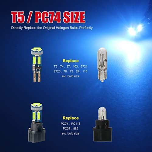 High Bright Ice Blue T5 37 74 PC74 PC37 LED Bulb with Twist Lock Socket for Dashboard Instrument Panel Gauge Cluster Light and Map Vanity Mirror Glove Box Indicator Light - color: Ice BLue