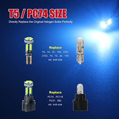 High Bright Ice Blue T5 37 74 PC74 PC37 LED Bulb with Twist Lock Socket for Dashboard Instrument Panel Gauge Cluster Light and Map Vanity Mirror Glove Box Indicator Light - color: Ice BLue