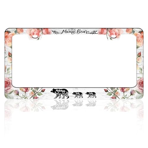 Mama Bear License Plate Frame Beautiful Flowers for Front or Rear Car Tags Stainless Steel License Plate Holder Funny Car Decoration with Screws 6.3 X 12.2 in - color: Mama Bear