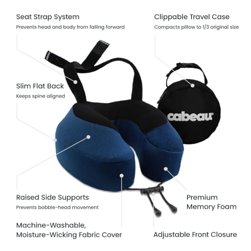 Cabeau Evolution S3 Travel Pillow – Straps to Airplane Seat – Ensures Your Head Won’t Fall Forward – Relax with Plush Memory Foam – Quick-Dry Fabric Keeps You Cool and Dry (Indigo)… - color: Indigo