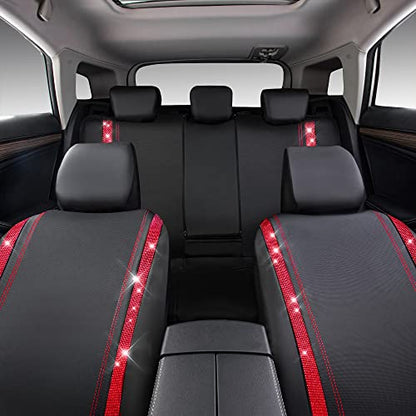CAR Pass Bling Car Seat Covers Full Set, Shining Rhinestone Diamond Waterproof Faux Leather, Rear with Zipper, Universal Fit Automotive Glitter Crystal Sparkle Strips for Women Girl, Black Red - color: Red Diamond, size: Full Set