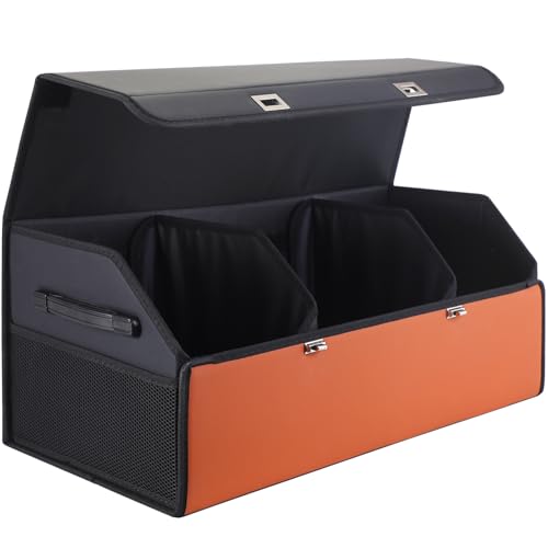Noaman Leather Trunk Organizer for SUV - Large Car Trunk Storage Organizer with Lid and 2 Removable Dividers, Foldable Car Organizers and Storage Box for Sedan with 2 Metal Locking Clasps Black.