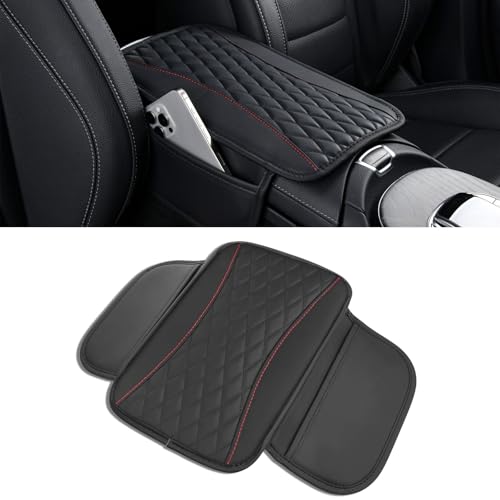 Leather Car Center Console Cover with Side Pockets, Upgraded Arm Rest Cover for Car Seat Organizer, Middle Console Cover Stylish Car Decoration, Universal for Most Vehicles (Black) - color: Black