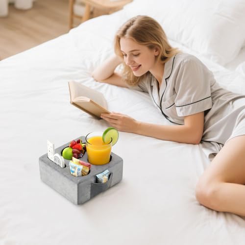 Luxspire Couch Cup Holder Tray, Couch Cup Holder Pillow with 4 Holes, Side Pocket and Handle, Couch Caddy Pillow for Phone/Drinks/Remote Control/Snacks, Gray - color: Gray