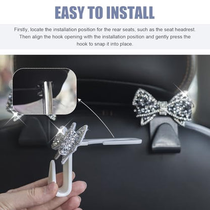 2 PCS Bling Bow Car Seat Headrest Hooks, Cute Rhinestone Bow Seat Back Hanger, Universal Vehicle Rear Seat Crystal Hook for Handbag, Clothes, Coats, Grocery Bags (Black) - color: Black