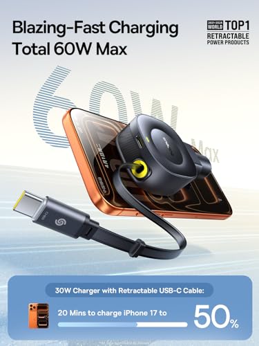 Baseus Ultra-Mini Retractable Car Charger USB C, 60W Fast Charging Car Charger with Retractable USB C Cable for iPhone 17 16 15 Pro Max, Samsung Galaxy S25 Ultra, Android, iPad, AirPods - color: 60W