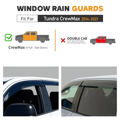 Shatterproof Taped-On Window Deflectors for Toyota Tundra Crew Max 2014-2021, Rain Guards, Window Visors for Car, Vent Deflector, 4pcs - size: For 2014-2021 Tundra CrewMax