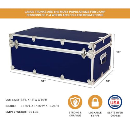 Rhino Trunk & Case Large Essential Trunk With Wheels 32”x18”x14”, 1000+ lbs Capacity - Many Colors. Strong, USA Made Summer Camp Footlocker, and Secure College Dorm Storage Chest - color: Navy Blue