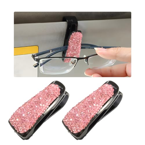 Wevdn 2 PCS Car Sun Visor Glasses Holder, Fashion Bling Car Eyeglasses Sunglasses Hanger for Women Girls, Glasses Holder Clip Hanger Mount with Ticket Card Clip, Car Accessories (Pink) - color: Pink