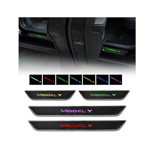KEWISAUTO Door Sill Cover Protector with LED Light for Model Y, Pedal Pathway Lights Door Welcome Courtesy Pedal Mood Light for 2020-2024 Tesla Model Y Accessories (Carbon Fiber Style) - 4PCS