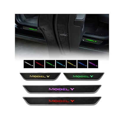 KEWISAUTO Door Sill Cover Protector with LED Light for Model Y, Pedal Pathway Lights Door Welcome Courtesy Pedal Mood Light for 2020-2024 Tesla Model Y Accessories (Carbon Fiber Style) - 4PCS
