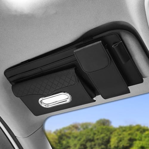 ZIMISI Leather Car Visor Organizer, Sun Visor Storage Bag, Car Tissue Holder, Multi-Pocket Document Holder, Vehicle Travel Accessories for Pen, License, Cards, Sunglasses, Tissues (Black) - color: Black