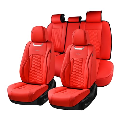 Coverado Car Seat Covers Full Set, Nappa Leather Red Car Seat Covers, Waterproof Automotive Seat Covers for Cars Interior Accessories Universal Fit Most Sedans, SUVs, Pick-up Trucks - color: Red, size: FullSet