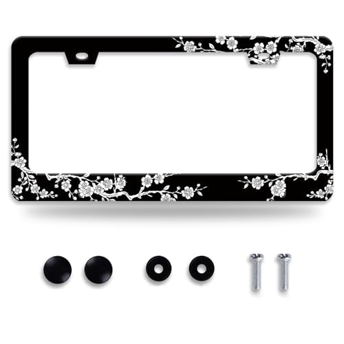 Cherry Blossoms License Plate Frame Beautiful Floral License Plate Frames for Car Decorative Parts Stainless Stee License Plate for Standard Us Canada Funny License Plate Holder 12x6 in for Men Women - color: Cherry Blossoms