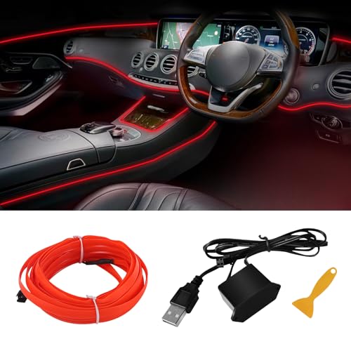 EL Wire Interior Car LED Strip Lights, 16.4FT RGB USB Neon Automotive Light Strip, Electroluminescent Vehicle Ambient Lighting Kit, Interior Decoration Car Accessories (Red) - color: Red, size: USB