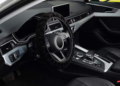 KAFEEK Elastic Long Microfiber Plush Steering Wheel Cover for Winter Warm, Universal 15 inch, Anti-Slip, Odorless, Black - color: Black