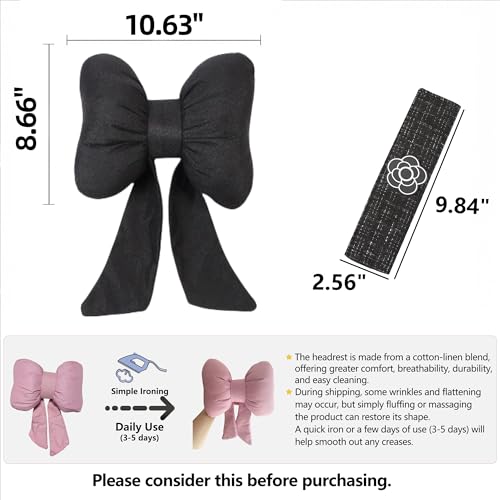 Car Seat Neck Pillow Elegant Bow Car Headrest Pillow Set - Cotton Linen Neck Cushion Universal Fit for Women Comes with 2 Seat Belt Covers (Black Set 4Pcs) - color: Black Set 4pcs