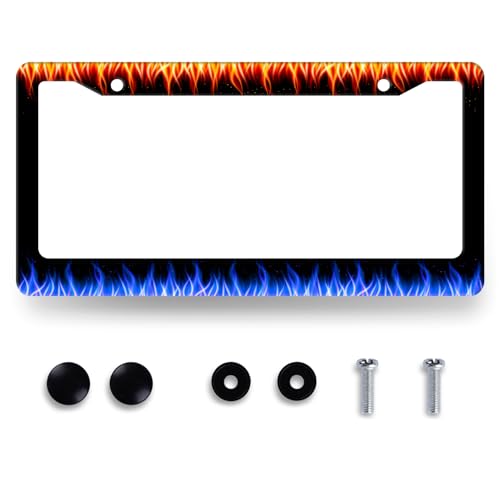 Red and Blue Flames License Plate Frame Abstract Fire License Plate Holder for Front and Rear Car Tags Stainless Steel Colorful License Plate Car Decoration with Screws 12.2" x 6.2" - color: Red and Blue Flames