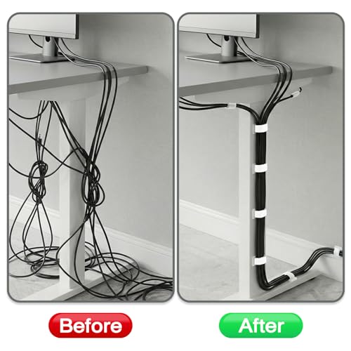 Cable Management Under Desk,Detachable Cable Management,Adjustable Hook and Loop Cable Ties,Reusable Cable Management Under Desk,Cable Clips Under Desk,20Pack(White) - color: White