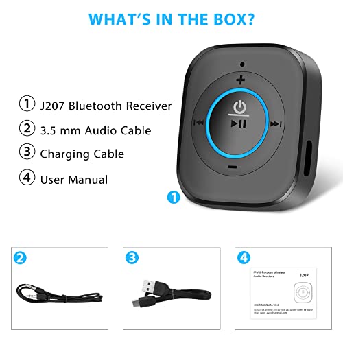 iDIGMALL Bluetooth 5.4 Receiver for Speaker, Wireless HiFi Music Adapter w/Built-in Mic for Hands-Free Calls for Car Home Stereo Wired Headphones with 3.5mm RCA Aux Jack, 20 Hrs Playtime, Multi-Point - color: J207