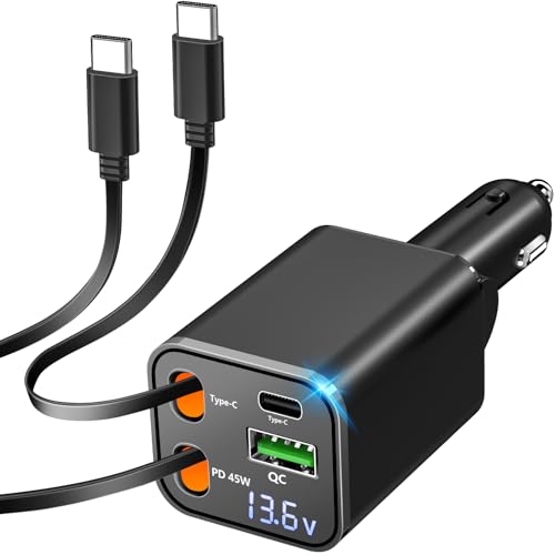 Retractable Car Charger, 120W USB-C Fast Charge Phone Charger for Car, 4-in-1 Dual Type-C Cables & USB-A QC Port, Car Charger for iPhone 17/16/15/14/13 Samsung Travel Essentials Gifts for Women & Men - color: Dual USB-C Cable