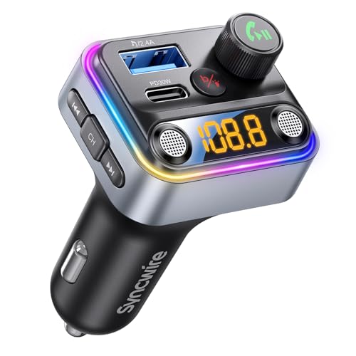 Syncwire Bluetooth 5.4 FM Transmitter Car Adapter 42W [Light Switch] [Stronger Dual-mic] [HiFi Bass Sound] [Fast Charging] Wireless FM Radio Music Adapter Hands-Free Calling Support USB Drive, Silver - color: Silver