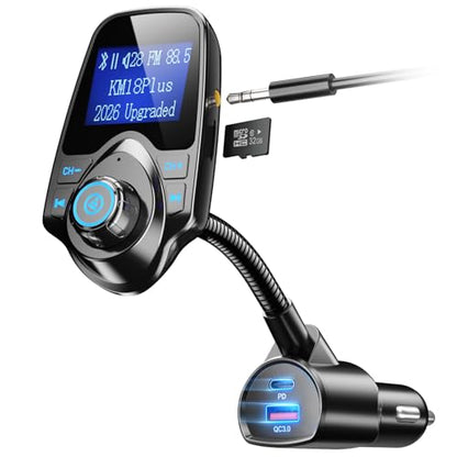Nulaxy [2026 KM18 Upgraded Version] 48W Bluetooth 5.4 Car Adapter with Fasting Charging Ports [PD 30W & QC3.0 18W], Supports Hands-Free Call, 1.44" Screen Wireless Radio FM Transmitter, Black - color: Black