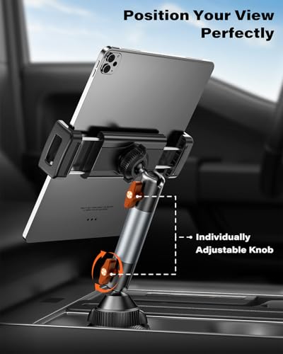 A2C Heavy-Duty iPad Holder for Car Cup Holder, 5.5" Stable & Adjustable Aluminum Alloy Arm, Tablet Mount for Car Truck Road Trip Essentials Compatible with 4.7"-13" Cell Phones & Tablets