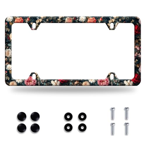 Retro Pink Floral License Plate Frame Personalise Rose Flowers License Plate Frames Funny Auto Accessory Stainless Steel Colorful License Plate Decoration for Women 12 x 6 Inch - color: Retro Pink Rose Floral