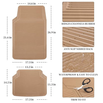 CAR PASS Rubber Floor Mats - All Weather, Full Set 4-Piece, Waterproof Automotive Mats Trim to Fit Most Cars, Sedans, SUVs, Vans - Heavy Duty Anti-Slip Easy Clean, All Beige - color: Beige