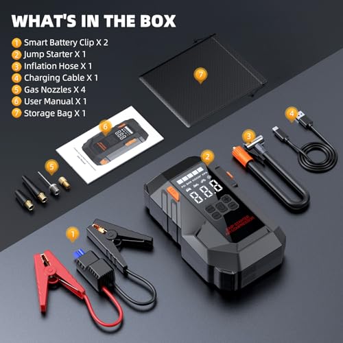 10-in-1 Portable Car Battery Jump Starter with Air Compressor, Jump Starter 6000A 26800mAh 160PSI (All Gas/12L Diesel), 12V Jump Box Car Battery Jumper Starter Portable Jumper Cables, Lights - color: Grey-black