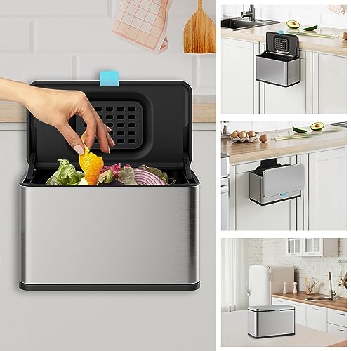Stainless Steel Hanging Trash Can with Lid and Inner Bucket, 1 Gallon Kitchen Compost Bin for Counter Top, Under Sink or Wall Mount, Small Garbage Can for Cupboard/Bathroom/Bedroom/RV - color: Brushed Stainless Steel, size: 1 Gallon