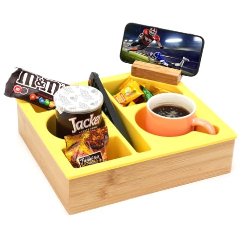 Couch Cup Holder Tray, Handy Silicone Bamboo Couch Caddy with Rotatable Phone Holder for Bed Car Seat Organizer, Waterproof Anti-Spill Couch Drink Holder for Snacks Beverage Remote (Yellow) - color: Yellow, size: 11.5*10*3 IN