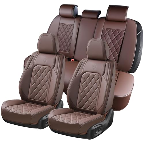 Coverado Car Seat Covers Full Set, Luxury Faux Leather Waterproof Seat Cover, Front and Back Car Seat Protector, Universal 5 Seat Leather Seat Cushion, Carseat Cover Fit Most Cars, Coffee - color: A-Coffee, size: Fullset